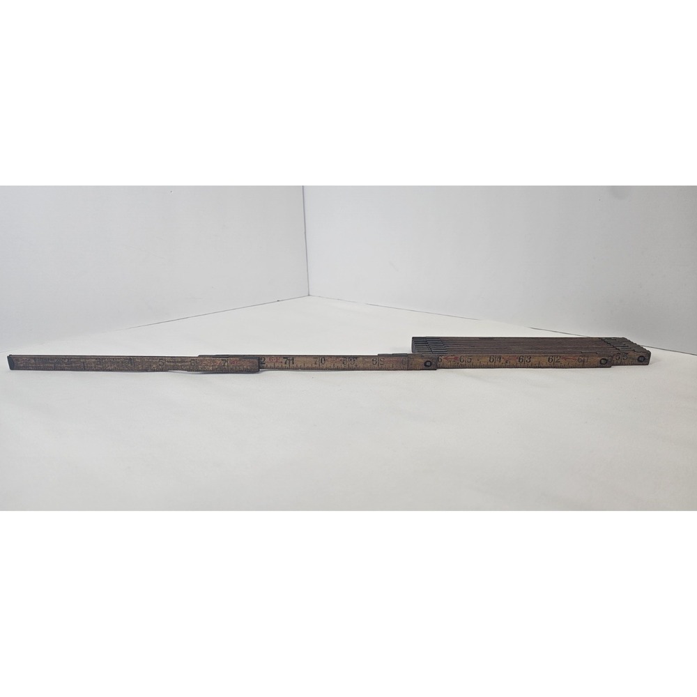 Vintage Wooden Sliding Ruler Carpenter Tool 6 Ft Brass Sliders Antique USA